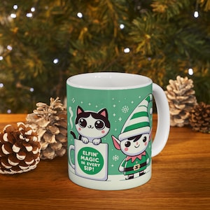 Christmas Cat Coffee Mug - Elfin Magic In Every Sip -  Cat Lover Gift, Festive Gift Idea, Holiday Novelty Gift