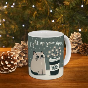Christmas Cat Coffee Mug - Light Up Your Sips -  Cat Lover Gift, Festive Gift Idea, Holiday Novelty Gift