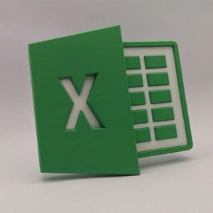 May include: A green 3D-printed Microsoft Excel logo, featuring the iconic 'X' and a grid representing a spreadsheet. The logo is set against a plain white background, highlighting the vibrant green color and the software's branding.