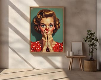 May include: A vintage-style illustration of a woman with red lipstick and red nail polish, wearing a red and white polka dot dress, with her hands covering her mouth in a surprised expression.