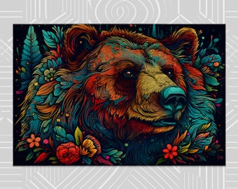 Floral Bear Jigsaw Puzzle: Colorful Animal Line Art, 1000 Piece