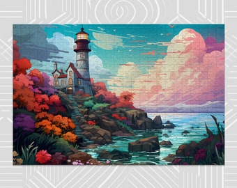 May include: A white lighthouse with a red roof stands on a rocky cliff overlooking a blue ocean. Lush green foliage surrounds the lighthouse, and the sky is a vibrant blue with pink clouds.