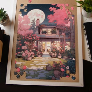 Stylized Jigsaw Puzzle of Charming Home Plant Puzzle with Full Moon Art Fun Gift Home Game for Adults and Kids