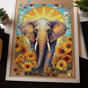 Jigsaw Puzzles, Cute Elephant, Sunflower Floral Art, Sunshine, 1000 Pieces, 500 Pieces, 100 Pieces, Kids, Family, Adults