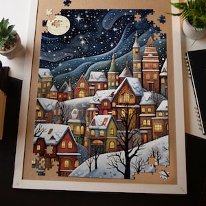 Winter Village Jigsaw Puzzles Adults Kids 1000+ Pieces | Nature Village Fun Family Puzzle Minimalist Puzzle | Puzzle Love Christmas Gift