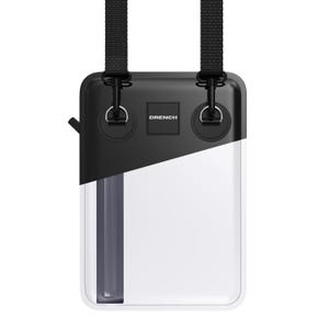 May include: A black and clear waterproof phone case with an adjustable strap. The case has a Drench logo on the front.