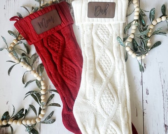 Leatherette Patch Cable Knit Christmas Stocking 2023,Custom Monogramed Family Stockings,Engraved Stockings With Name,Holiday Stockings