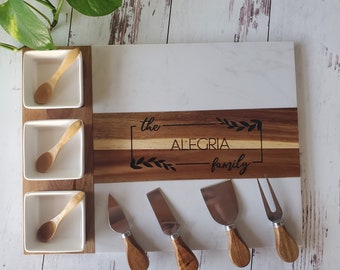 11 Pc Marble Wood Charcuterie Board, Wedding Gift, Gift for Couple, Anniversary Gift, Housewarming Gift, Engagement Gift, Bridal Shower Gift