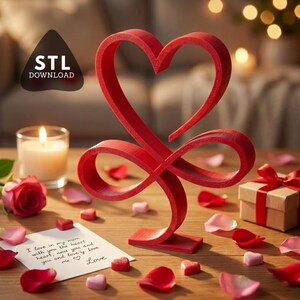 May include: A red heart-shaped sculpture with an infinity symbol base, surrounded by rose petals, candies, and a gift box. A lit candle, a rose, and a handwritten note that says "I love in my mom with you the heart, nove you and you and lovely love me Love" are also present.