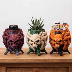 Dödskalleplanter STL, Halloween-godisskål, gotisk suckulentkruka, Goblincore-dekor 3D-utskrift