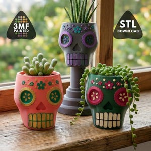 Calavera Sugar Skull Planter STL | Multicolor Succulent Pot 3D Print File