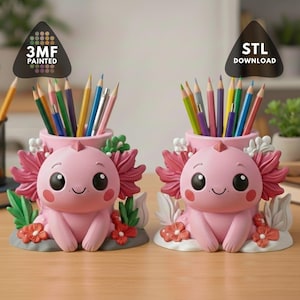 Portalápices Axolotl STL – Organizador de escritorio kawaii impreso en 3D (archivo 3MF pintado incluido)