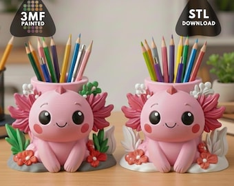 Axolotl Desk Organizer STL File, Kawaii Pen Holder (3MF Download)