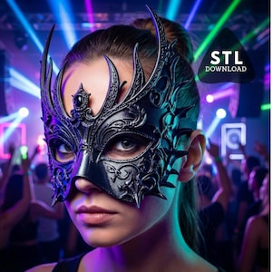 May include: A black, ornate masquerade mask with intricate detailing and a central jewel. The mask covers the eyes and nose, with decorative elements extending upwards. The image includes the text "STL DOWNLOAD".