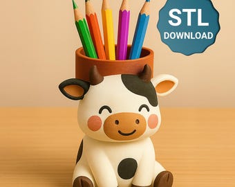 愛らしい牛のデスクバディ3Dモデル – 農場風デコレーションギフト、印刷可能なオフィスオーガナイザー