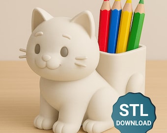 Katzenstiftehalter STL-Datei - niedliches Tier Schreibtisch Organizer 3D Druck Modell, digitaler Download Pflanztopf, Kinder Schreibwaren Aufbewahrung & Büro Dekor