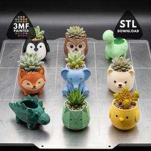 May include: A collection of colorful, animal-shaped succulent planters. The planters include a penguin, owl, fox, elephant, bear, dinosaur, cat, and chick. Each planter holds a small succulent plant. The planters are painted in various colors.