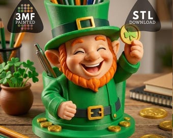 Schreibtisch-Organizer (STL-Datei), Stiftehalter in Koboldform, Irische Dekoration zum St. Patrick's Day, 3MF-Datei