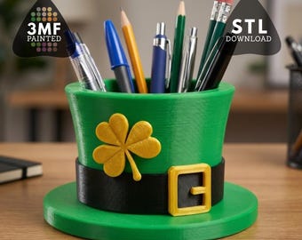 Schreibtisch-Organizer (STL-Datei), Stiftehalter in Form eines Koboldhuts, Irische Dekoration zum St. Patrick's Day, 3MF-Datei