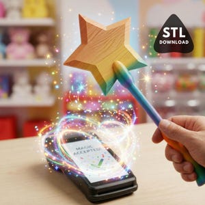 May include: A wooden star-shaped wand with a rainbow handle is held over a smartphone. The phone displays "MAGIC ACCEPTED" with a checkmark. Colorful light trails and sparkles emanate from the wand and phone, with an "STL DOWNLOAD" logo in the background.
