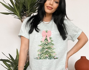 Christmas Tree Bow Shirt, Weihnachts-Shirt für Frauen, Weihnachtsbaum Tshirt, Weihnachten Coquette Weihnachtsshirt, Retro Weihnachtsgeschenk, T-Shirt