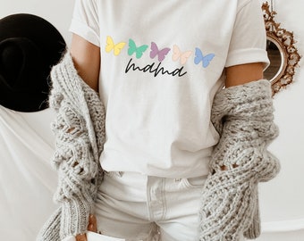 Mama Buntes Schmetterlings-T-Shirt, Geschenk für Muttertags-T-Shirt, nettes Blumen-Schmetterlings-Hemd, Kern-Schmetterlings-T-Shirt, Mama-Liebhaber-Geschenke, Mama