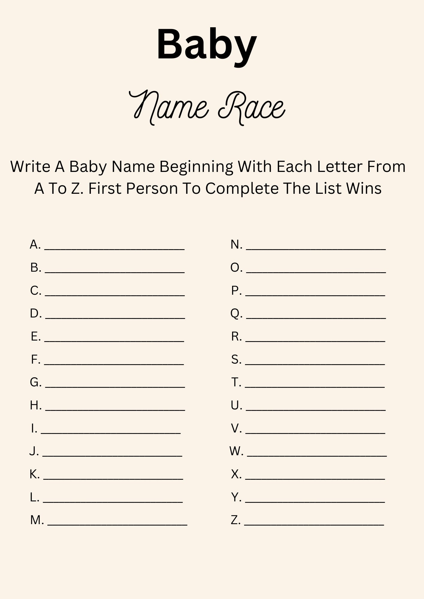 Instant Download Printable Baby Shower Name Race Card Etsy