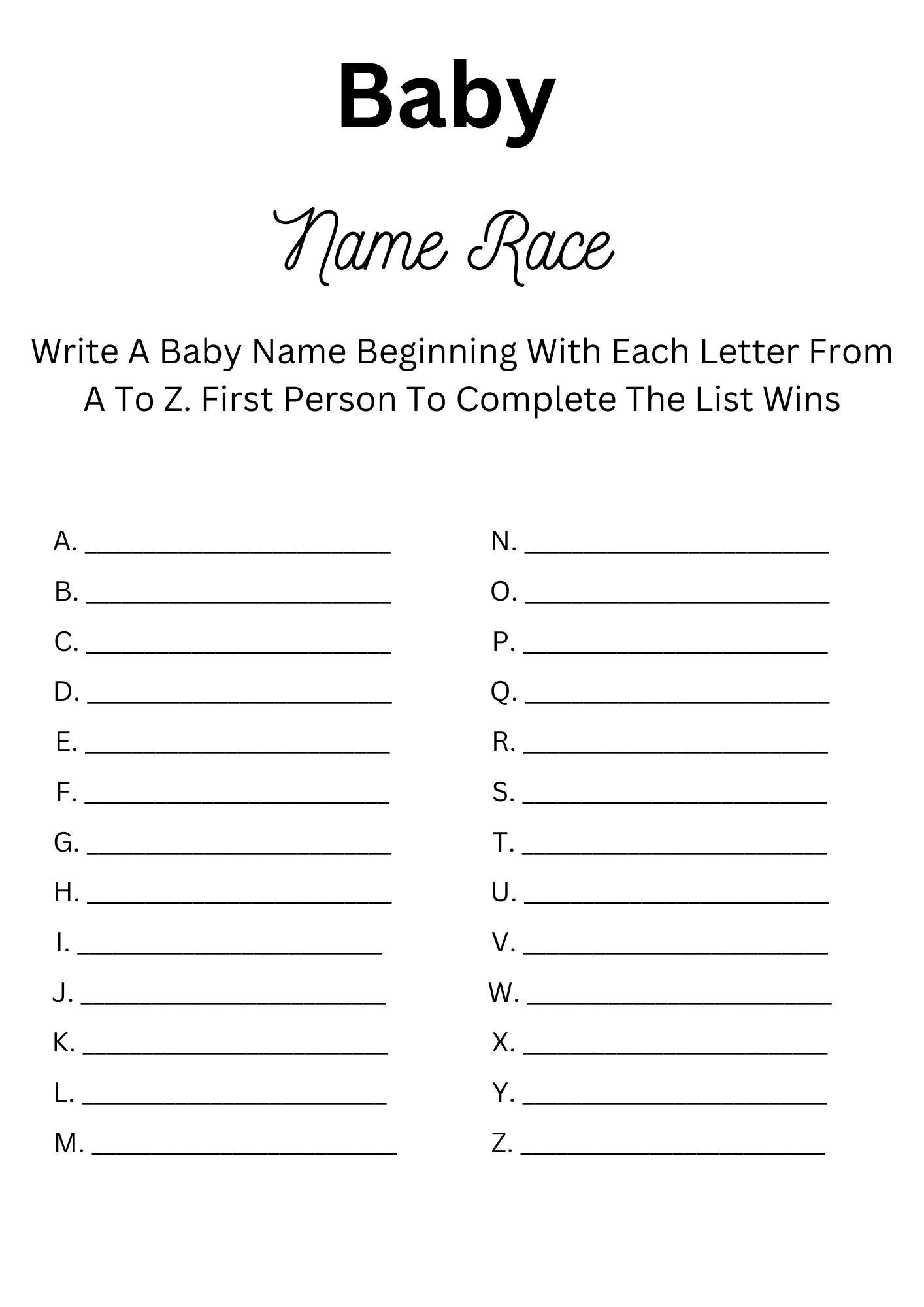 Instant Download Printable Baby Shower Name Race Card Etsy