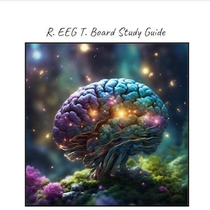 Könnte beinhalten: Eine farbenfrohe Darstellung eines Gehirns in Blau-, Lila- und Goldtönen, mit leuchtenden Akzenten. Der Text "R. EEG T. Board Study Guide" ist oben zu sehen. Der Name des Autors befindet sich unten im Bild.