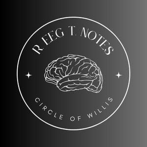 May include: A circular logo with a white outline and a gradient black and gray background. The logo features a white brain illustration in the center, with the text "R. EEG T. NOTES" at the top and "CIRCLE OF WILLIS" at the bottom. Two white star shapes are on either side.