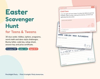 Puede incluir: Un conjunto de PDF imprimible de búsqueda del tesoro de Pascua para adolescentes con 30 tarjetas de pistas con acertijos, cifrados y desafíos. Las tarjetas incluyen texto como Cold Case, ORRN LOVLGH WKH PLFURZDYH y varios símbolos de resolución.