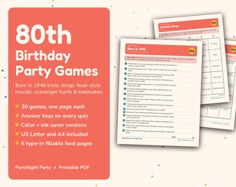 Puede incluir: Una colección de juegos para 80 cumpleaños con tarjetas de trivia y bingo. El panel promocional de color coral enumera 30 juegos, claves de respuestas y páginas para el anfitrión. Los documentos PDF imprimibles incluyen preguntas sobre 1946.