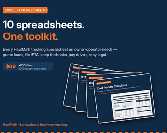 Puede incluir: Un kit de herramientas digital con 10 hojas de cálculo para Excel y Google Sheets, diseñado para operadores de camiones. El gráfico azul oscuro muestra el texto 10 spreadsheets. One toolkit. e incluye una vista previa de una calculadora.
