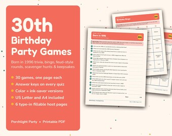 Puede incluir: Un conjunto de juegos imprimibles para 30 cumpleaños que incluye trivia, bingo y rondas tipo feud. La hoja informativa de color coral enumera 30 juegos, claves de respuestas y tamaño A4. Las hojas de juego blancas muestran preguntas sobre 1996.
