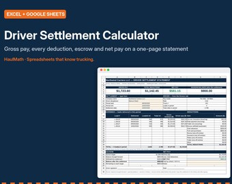 Puede incluir: Una calculadora de liquidación para conductores en formato de hoja de cálculo para Excel y Google Sheets. La interfaz azul oscuro muestra el texto Driver Settlement Calculator, HaulMath y una tabla financiera detallada de cargas, deducciones y pago neto.
