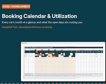 Puede incluir: Una interfaz de hoja de cálculo digital titulada Booking Calendar & Utilization para Excel y Google Sheets. El fondo azul verdoso oscuro presenta texto blanco, incluyendo OrangeCell Tools, mostrando un calendario de reservas.