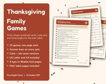 Puede incluir: Un conjunto de juegos familiares imprimibles para Acción de Gracias que incluye trivia, bingo y tarjetas de gratitud. El documento presenta un panel rojo oscuro con texto blanco que detalla los juegos y varias páginas blancas con texto negro.