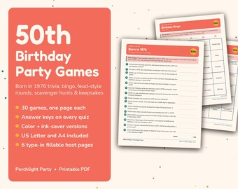 Puede incluir: Un conjunto de juegos imprimibles para un 50 cumpleaños, incluyendo trivia, bingo y búsquedas del tesoro. La hoja informativa de color coral enumera 30 juegos, claves de respuestas y páginas para el anfitrión. Se ven hojas de juego blancas.