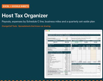 Puede incluir: Una hoja de cálculo digital Host Tax Organizer para Excel y Google Sheets sobre un fondo azul verdoso oscuro. El texto dice Host Tax Organizer, Payouts, expenses by Schedule C line, business miles and a quarterly set-aside plan de OrangeCell Tools.