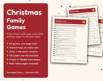 Puede incluir: Un conjunto de juegos navideños imprimibles para la familia, incluyendo hojas de trivia y bingo. El panel rojo enumera características como 25 juegos, claves de respuestas y tamaños US Letter/A4. Las hojas tienen encabezados rojos.