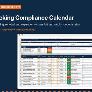 Op de afbeelding: Een digitaal spreadsheet getiteld Trucking Compliance Calendar voor Excel en Google Sheets. De interface toont kolommen voor verplichtingen, indieningsfrequenties, vervaldata en kleurgecodeerde statusindicatoren voor het bijhouden van deadlines.