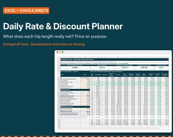 Puede incluir: Una hoja de cálculo digital titulada Daily Rate & Discount Planner para Excel y Google Sheets de OrangeCell Tools. La interfaz muestra una tabla detallada con columnas para la duración del viaje, descuentos, precio, ganancias netas y varios costes.