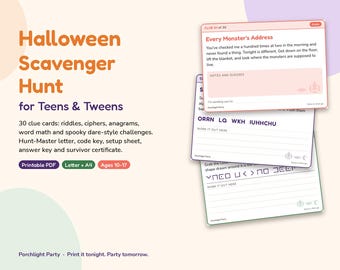 Puede incluir: Un juego de búsqueda del tesoro de Halloween para adolescentes con 30 tarjetas de pistas que incluyen acertijos, cifrados y anagramas. El set incluye una carta para el organizador, clave de códigos, hoja de preparación y certificado.