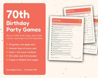 Puede incluir: Un conjunto de juegos imprimibles para 70 cumpleaños que incluye trivia, bingo y búsquedas del tesoro. Los documentos contienen un cuestionario Born in 1956 con quince preguntas, claves de respuestas y páginas para el anfitrión en coral y blanco.