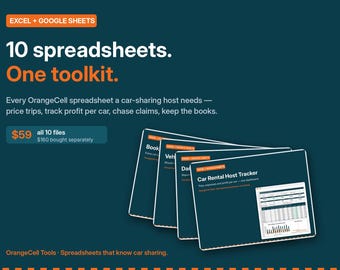 Puede incluir: Un kit de herramientas digital con 10 hojas de cálculo para Excel y Google Sheets, diseñado para anfitriones de coche compartido. El gráfico azul oscuro muestra el texto 10 spreadsheets. One toolkit. y una vista previa del Car Rental Host Tracker.