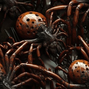 May include: A close-up of a group of intricately carved wooden spiders. The spiders are brown and black and have a detailed, almost organic texture. The spiders are arranged in a tangled web-like formation.