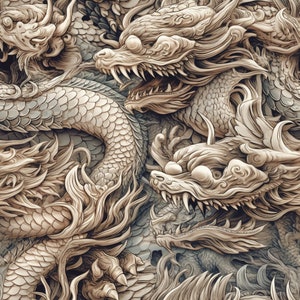 Puede incluir: Primer plano de una escultura de madera tallada de varios dragones entrelazados. Los dragones están intrincadamente detallados con escamas, garras y cuernos. La escultura está pintada en tonos marrones y blancos.