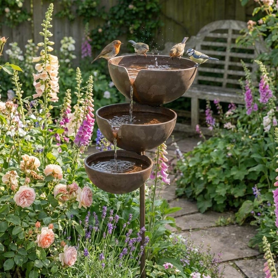 Rustic Metal Bird Bath Rain Catcher – Hanging Garden Bird Feeder Bowl, Bee & Butterfly Water Dish, Outdoor Yard Decor, Farmhouse Garden Gift