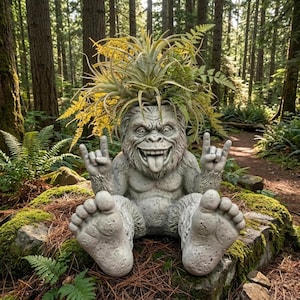 May include: A grey concrete Bigfoot planter with a plant growing from its head. The Bigfoot is seated with its tongue out and hands making a rock and roll gesture. The planter is surrounded by moss and ferns in a forest setting.