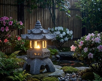 Solcellslykta i pagodstil | Utomhusbelysning med stenutseende för uteplats, gångväg och trädgård | Japanskinspirerad zendekor